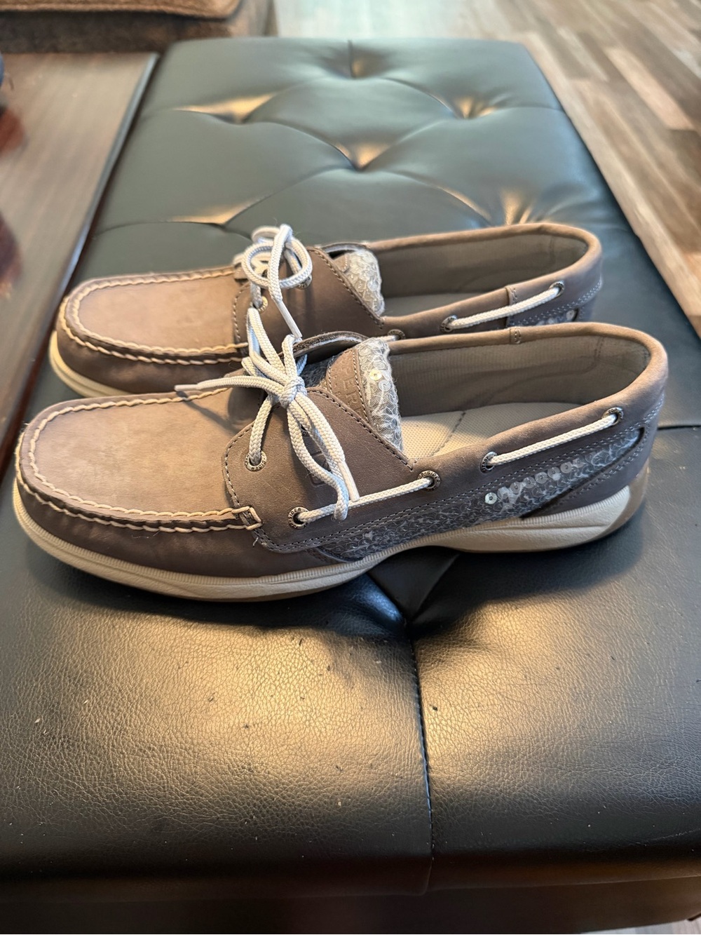 Sperry Taupe Leather Boat Shoes with White Laces
